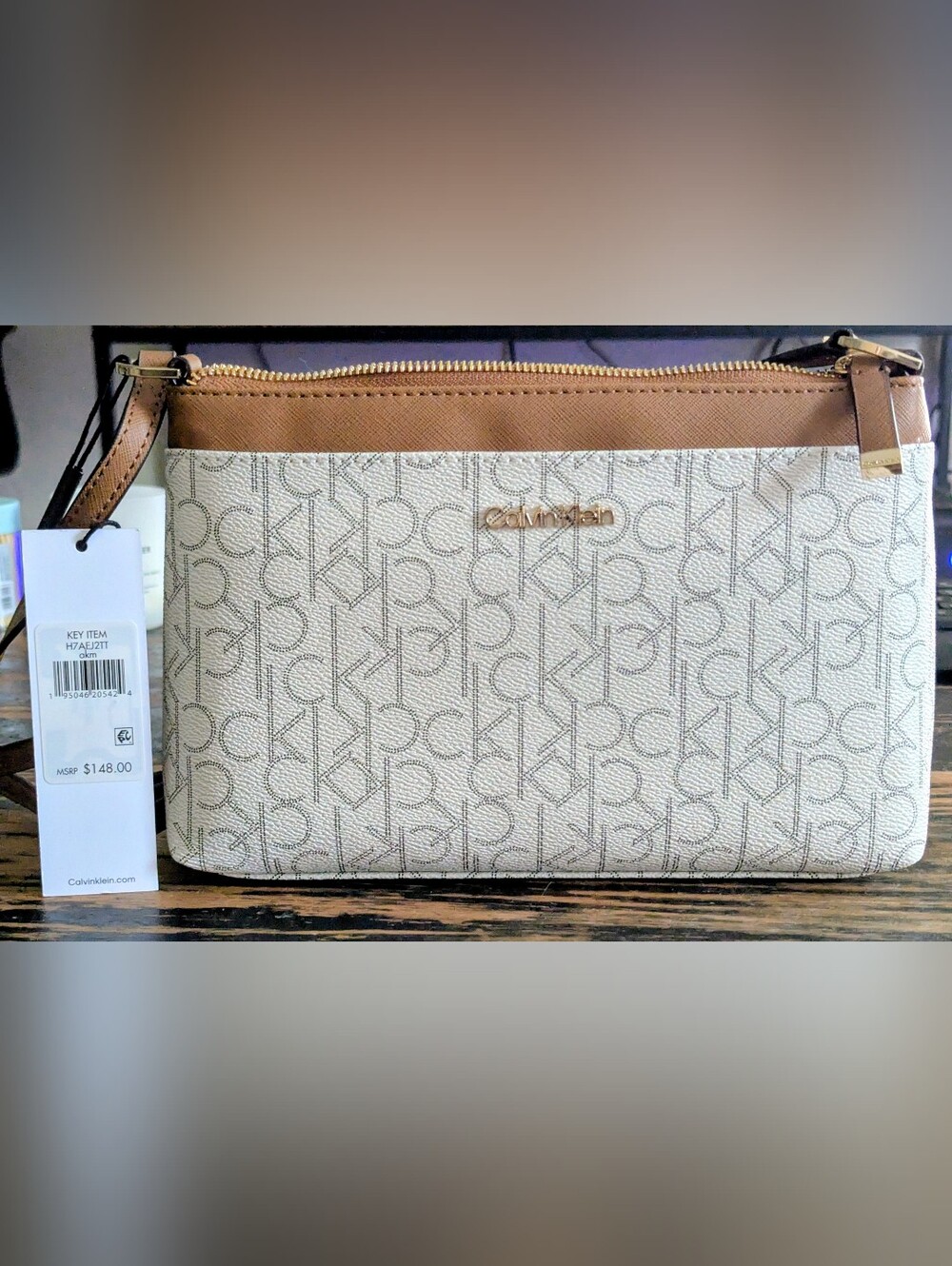 Calvin Klein Cream & Tan Logo Wristlet Crossbody